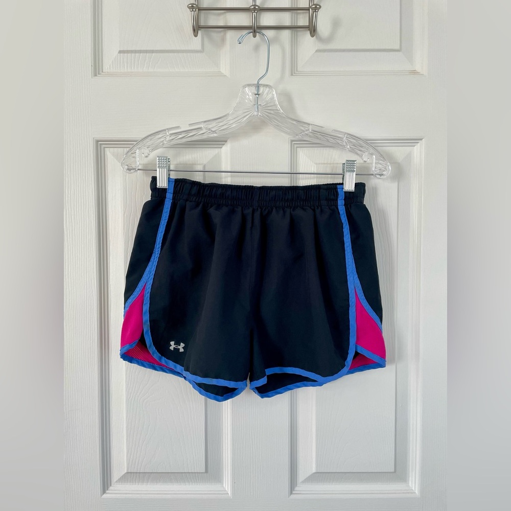 Under Armour Women's Athletic Shorts in Black with Pink and Blue Highlights